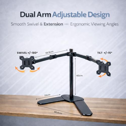 Image of RISSACHI Dual Monitor Arm | 14-27 Inch Screen Support Monitor Stand for Desk | 25 kg Total Weight Capacity | Height Adjustable Dual Arm | Freestanding Base | Tilt, Swivel & Rotation Features