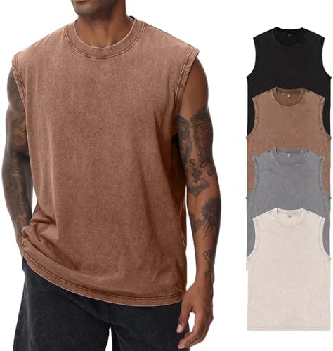 Herren Kurzarm Sommer Ärmelloses Shirt, Männer Fitness ärmellos Weste, Washed Sleeveless t-Shirt, Workout, Fitnessstudio, Baumwolle