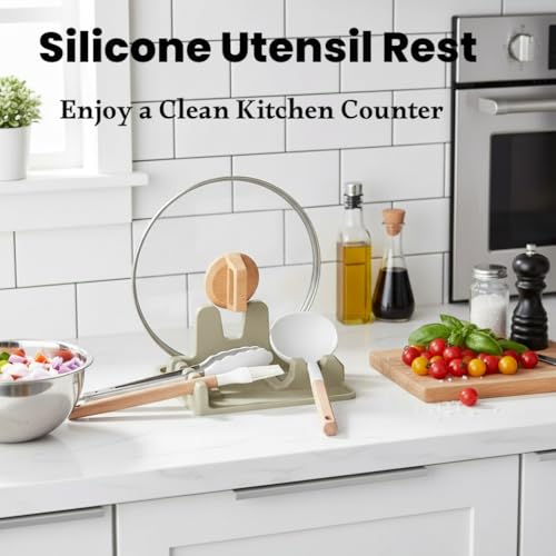 Image of Auoon Silicone Spoon Rest with Lid Holder - 3 in 1 Kitchen Utensil Rest for Soup Ladles, Pot Lids, Spatulas, Spoons, Tongs, BPA Free & Dishwasher Safe, 8.26 x 8.06 Inch (Milk Shake, Large)