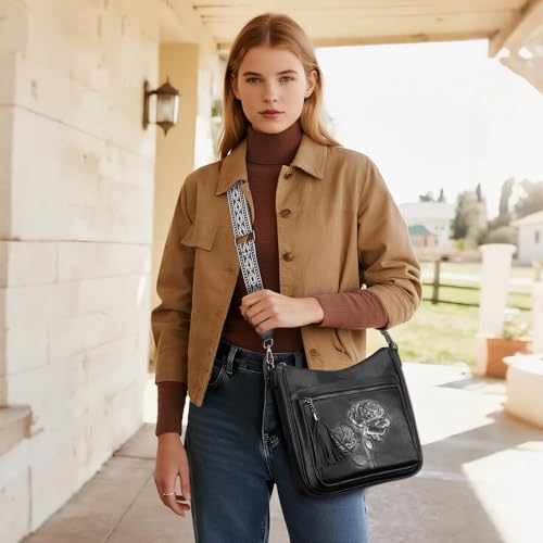 Image of Medium Crossbody Bags for Women,Vegan Leather Hobo Purses Embossed | Women's Shoulder Handbags with Adjustable Boho Strap for Daily Travel Lightweight Cross body Purses with Multi Pockets