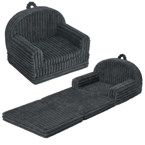 Image of Blissful Diary Foldable Kids Couch, 2-in-1 Comfy Kids Chair for Reading, Playroom, Kids Couch Sofa for Girls Boys Birthday Gift, Dark Gray