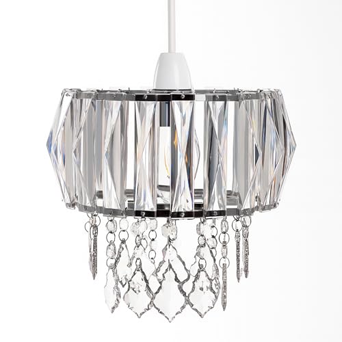 Innoteck Sparkly Prismatic Drum Chandelier Shade – Clear Acrylic Crystal Strips & Faceted Droplets, Chrome Frame, Easy-Fit Non-Electrical Ceiling Light Shade for Bedroom, Hallway & Dining Space