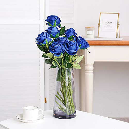 Image of Tifuly Artificial Roses 50 cm - Silk Flowers On A Long Stem For Wedding Bouquet, Garden Decoration, Hotel, Office - Realistic, Blooming, 12 Pcs Blue