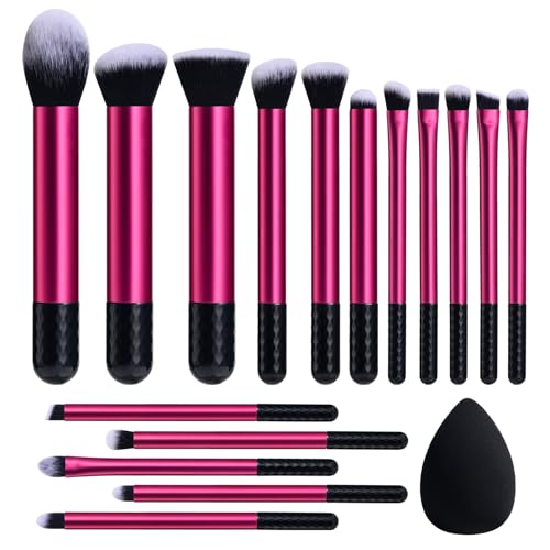 BS-MALL Makeup Brushes 16 Pcs Purple Short Handle Travel Makeup Brus Set with 1 Triangle Puff (HotPink)