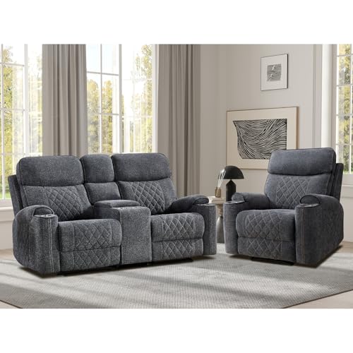 EBELLO Power Reclining Sofa Set, Fabric Electric Recliner Chair and Loveseat Sofa with Cup Holders, USB and Type-C Charging Ports and Storage Space, 3 Seats for Small Living Room, Grey