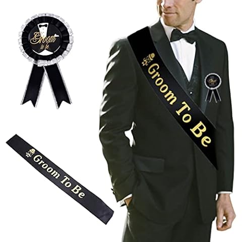 2 Pieces Groom Sash Badge Set Includes Groom to Be Satin Sash Groom to Be Award Ribbon Badge Brooch for Bachelor Party Engagement Celebration Supplies, Groom to Be Pin Stag Night Supplies Favors Cover