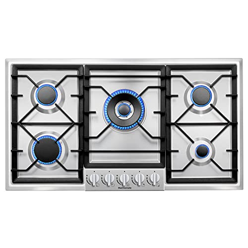 thermomate 12 Inch Gas Cooktop, Built In Gas Rangetop with 2 High Efficiency Burners, NG/LPG Convertible Stainless Steel Gas Stove Top with Thermocouple Protection, 120V AC