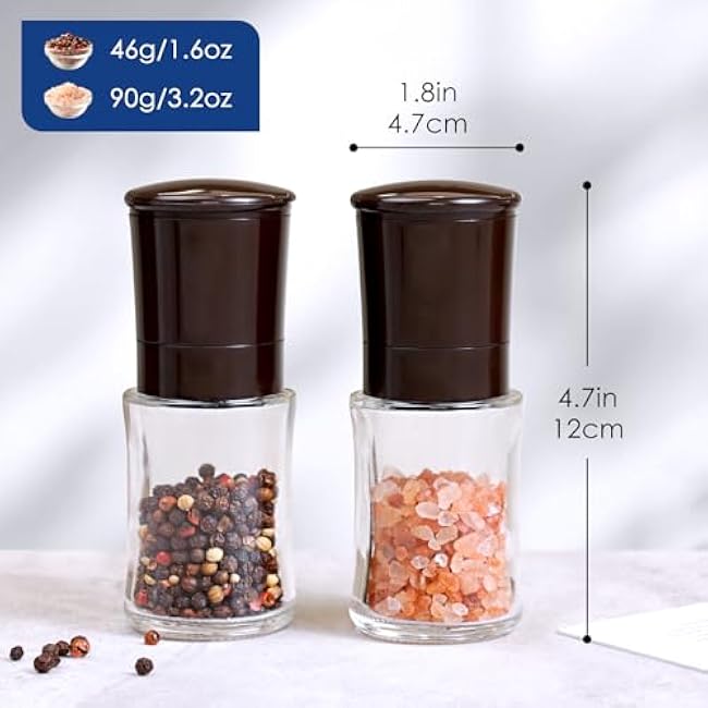 Vzaahu Salt and Pepper Grinder Set Brown, Refillable Small Shakers, Adjustable Coarseness, Ceramic Burr, Peppermill, Kitchen Cooking