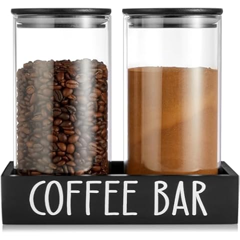 Glass Coffee Canister for Ground Coffee - 2Pcs 45oz Coffee and Sugar Container Set with Airtight Bamboo Lids and Black Tray - Farmhouse Coffee Bean Storage Jars for Coffee Bar Decor and Accessories Cover