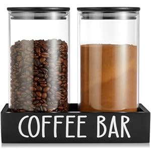 Glass Coffee Canister for Ground Coffee – 2Pcs 45oz Coffee and Sugar Container Set with Airtight Bamboo Lids and Black Tray – Farmhouse Coffee Bean Storage Jars for Coffee Bar Decor and Accessories