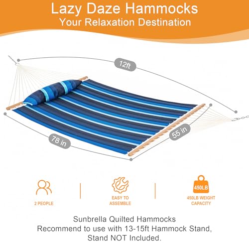Image of Lazy Daze Hammocks 12 FT Sunbrella Fabric Quilted Hammock Double Sunbrella Quilted Hammock with Spreader Bars & Pillow, All Weather and Fade Resistant for Outdoor, 450 lbs Capacity, Gateway Indigo