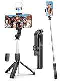 Mini Selfie Stick Travel Tripod for Cell Phone with Light, Extendable Selfie Stick for iPhone with Detachable Remote, iPhone Tripod for Video Recording, Photograph, Compatible with Cellphones