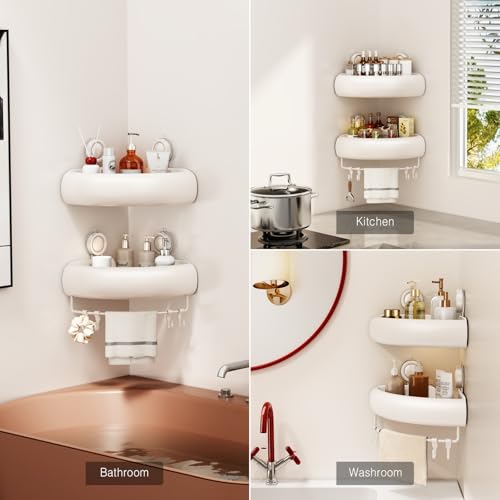 Voldra Duschablage Ohne Bohren, Duschregal Ecke Saugnapf Bogenförmiges Badezimmer Regal Wand Duschkorb mit Handtuchhalter Eckregal Bad Ablage Dusche Metall Regal Duschkorb Ohne Bohren(2 Stück, Weiß)