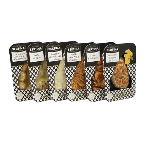 Plats Préparés Gourmet Sertina Pack de 6 x 350g - Ailes de poulet barbecue, lasagnes pularda, boulettes de poulet, poulet à l'ail, aubergines farcies et paella au poulet fermier.