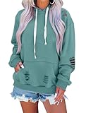 EADINVE Women Hooded Sweatshirt Hollow Out Distressed Long Sleeve Drawstring Hoodie with Kangaroo Pocket Greyblue