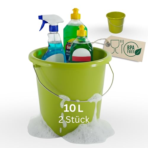 Novaliv Lot de 2 seaux de 10 l vert avec graduation dimensionnelle - Seau de nettoyage de 10 litres ? 28,5 cm - Pratique et polyvalent avec graduation pour la maison et le jardin - Idéal comme seau