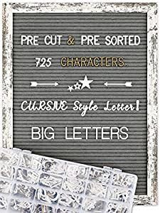 Felt Letter Board 12x16 Inch Rustic Wood Frame - Pre Cut &amp; Sorted 725 Letters with Stand, Cursive Style Letters, Big Letters, Plastic Organizer, Shabby Chic Vintage Decor