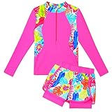 TFJH E 2PCS Girls Swimsuits Long Sleeve Rash Guard Sunsuits UPF 50+ Swimming Costumes Zip 493 Rose Pink Leaves 8A