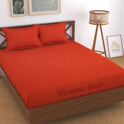 Image of Fitzy 280 TC Fitted bedsheet King Size, Elastic bedsheet, 72x78 inches + 10 inches Drop, with 2 Pillow Covers (Damass Rust, 72 inch x 78 inch)