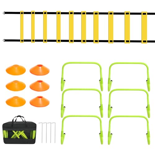 Ollewiellan Accessoires d'entraînement de football, échelle d'agilité avec 12 cônes de marquage, 6 obstacles réglables, 4 poteaux en acier et sac de...
