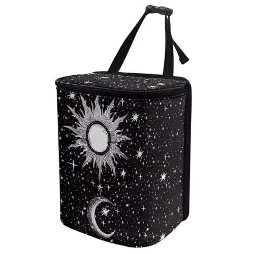Image of DISNIMO Sun and Moon Auto Car Trash Can - Collapsible, Leakproof Garbage Bin with Adjustable Strap - Car & Truck Accessories for Men and Women - Black