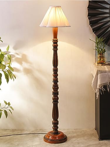 Image of Vintage Cotton Shade Wooden Floor Lamp - Height 53 Inches | Classic Standing Lamp for Living Room, Bedroom & Office | Stylish Home Decor Lighting with Elegant Wooden Base