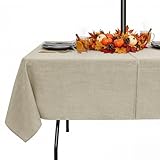 Outdoor Tablecloth with Umbrella Hole - Patio Table Cloth Zippered Rectangle 60x84 Inch, Linen-Look Polyester Table Cover Water Resistant for Picnic Outside, Natural Color