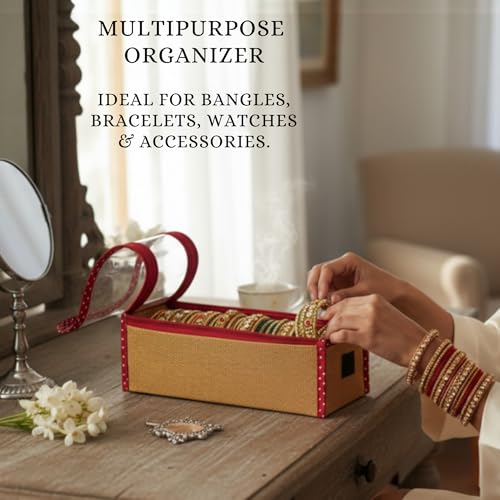 Image of Single R Rod Bangle Box Organizer for Women | Hard Board Chudi Storage Box with Removable Rods & Transparent Top Window | Jewellery Organizer | Maroon | Set of 14