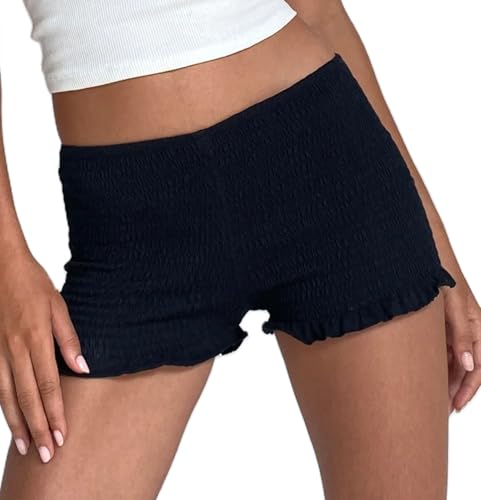 Image of NUFIWI Women's Y2k Ruched Mini Shorts Low Waist Ruffle Frill Bloomers Lounge Pajamas Smocked Micro Shorts Sleepwear