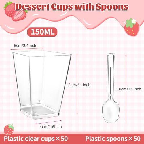 Hsxfl 50 Stück Dessertgläser Plastik, 150ML dessertbecher plastik mit Löffeln Klare Dessertschalen Wiederverwendbar Quadratischer Desserttassen Trapezoid Becher für Desserts Pudding Familiendesserts