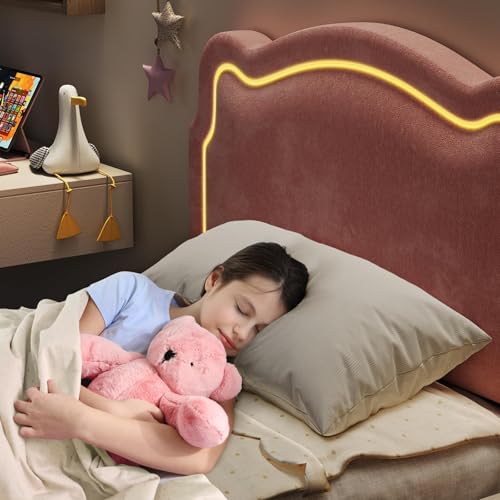 Image of Velvet Upholstered Princess Bed Frame with RGB LED Smart Light, Adjustable Bear Headboard, Wooden Slat Support, No Box Spring Needed, Noise-Free, Easy Assembly, Twin Size for Kids, Twin Pink