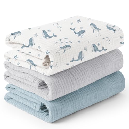 Image of Konssy 3 Pack Muslin Swaddle Blankets for Unisex, Newborn Receiving Blanket, Large 47 x 47 inches, Soft Breathable Muslin Baby Swaddles for Boys & Girls