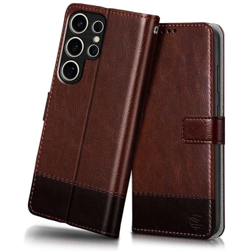 Image of FLIPPED Vegan Leather Flip Case Back Cover for Samsung Galaxy S25 Ultra 5G (Flexible, Shock Proof | Hand Stitched Leather Finish | Card Pockets Wallet & Stand | Brown with Coffee)