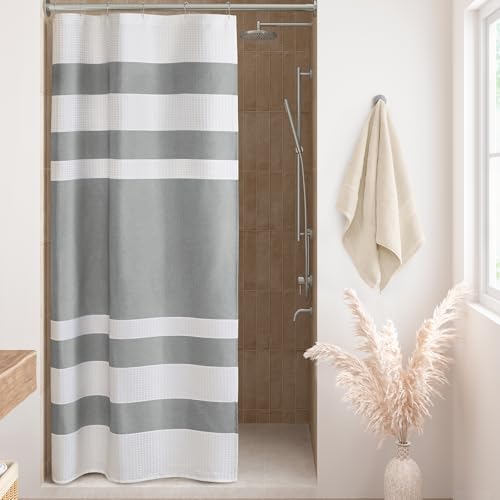 Madison Park Shower Curtain Waffle Weave Striped Pieced Design Fabric Shower Curtains for Bathroom with 3M Scotchgard Moisture Management Premium Spa Quality Modern Standard 72