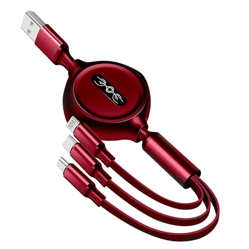 Multi Charger Cable 1.2M/6A, Universal 3 in 1 Retractable USB Fast Charging Cord Lead with iP, Micro USB, Type C Port Connectors (Red)