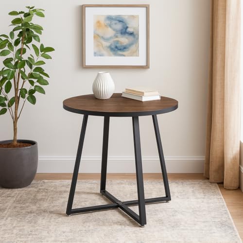 Image of 35 inch Round Dining Table Set with 4 Upholstered Fabric Chairs, Modern Wood Top Kitchen & Dining Room Table Set, Black Metal Legs for Apartment - Black