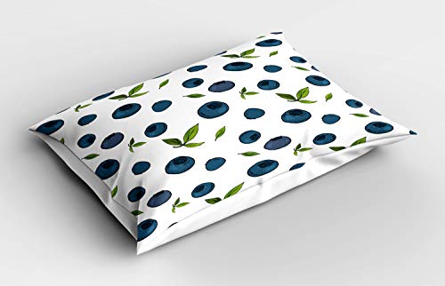 ABAKUHAUS Fruit Taie d'oreiller, Art Dessin Blueberry Feuilles, Décorative et Imprimée de Taille Standard, 65 X 50 cm, Essence Bleu Blanc Vert