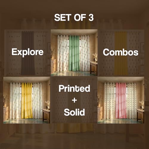 Image of Urban Space Printed 100% Cotton Curtains for Window, Combo Set of 3 Curtains 5 Feet, Tieback & Eyelets Included with Curtains for Home Decor (Aster Yellow and Aura Yellow, 5 Feet)