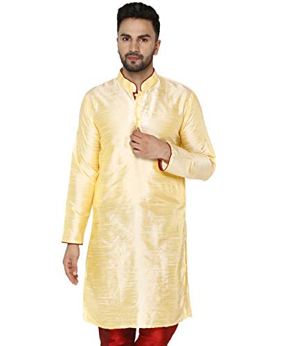 Image of Men's Art Silk Woven Design Long Kurta Mandarin Collar Straight Shirt