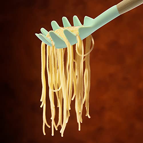 Kufung Silicone Pasta Fork (12"), Food Grade Noodle Spoon With Natural Wooden Handle, Bpa Free, Spaghetti Strainer & Server Spoon (12 Inch, Mint Green) #TOP5