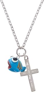 Resin Blue Fish with Orange Stripes I Have Plans for You Engraved Cross Zoey Necklace, 28"
