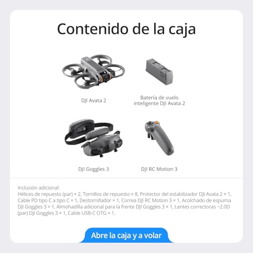 Ficha técnica Pack DJI Avata 2 Vuela Más 1 batería dron FPV con cámara 4K Vuelo inmersivo Protector de hélices Integrado Sencillo Flip Roll Goggles 3 y RC Motion 3 incluidos - Fernando Cortés