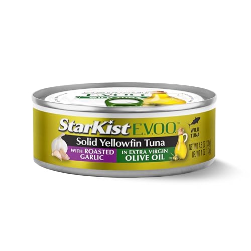 Image of StarKist E.V.O.O. Solid Yellowfin Tuna, Roasted Garlic, 4.5oz Can, 1-Pack | 28g of Protein Per Serving, Features Extra Virgin Olive Oil, Wild Caught Tuna, Gluten Free, Soy Free, Omega 3s