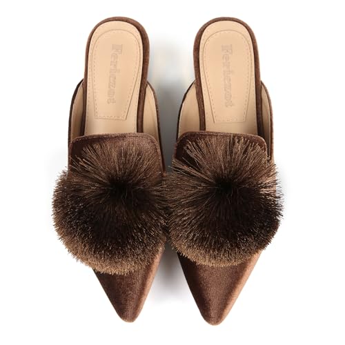 Fericzot Slip On Mule Backless Loafers Flats Puff Pompom Pointed