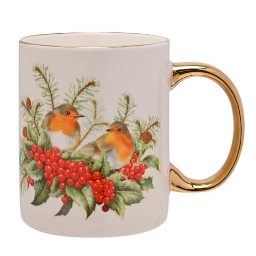 Widdop Fine China Two Robin Christmas Mug with Gold Handle – Festive Bird Cup with Holly & Berries – Seasonal Drinkware & Gift Idea