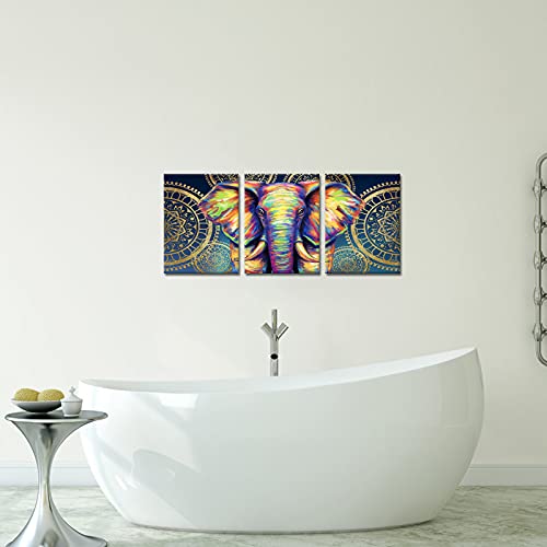 Apicoture Bohemian Elephant Picture Wall Art - Colorful Animal Canvas Wall Art Boho Gold Mandala Flower Wall Decor Ready To Hang 12X16Inchx3Pcs #TOP2