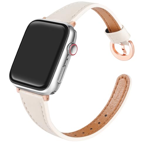 Image of Fizdvsts Leather Strap Compatible with Apple Watch Band for Women 41mm 40mm 38mm 42mm(series 10), Slim Wristband Bands for iWatch Series SE SE2 Series 10 9 8 7 6 5 4 3 2 1 White