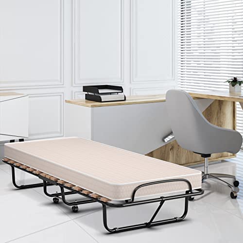 KOMFOTT Folding Rollaway Bed with 4 Inch Mattress, Foldable Bed with Memory Foam Mattress for Adults, Portable Fold Up Guest Bed with Sturdy Steel Frame on Wheels for Home & Office, Made in Italy - Thumbnail 2