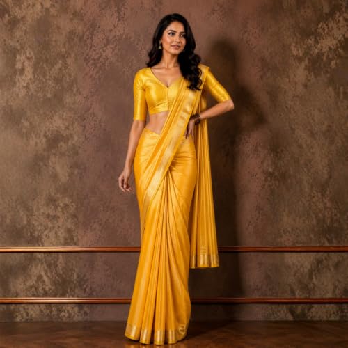 Image of Studio Shringaar Women Readymade Raw Silk V Neck Saree Half Sleeve Blouse