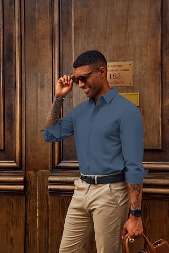 PJ PAUL JONES Mens Long Sleeve Button Down Shirts Wrinkle Free Casual Dress Shirt Lightweight Formal Shirts Denim Blue L — view 5